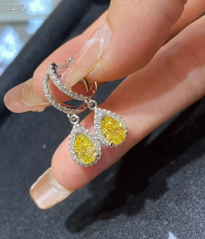 Yellow halo drop earrings, customer photograph